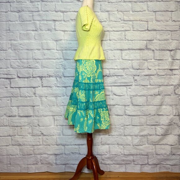 Anthropologie Odille Teal & Chartreuse Paisley Knee-Length Skirt - Picture 7 of 9
